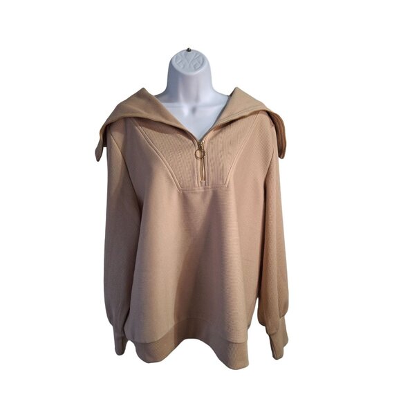 MEROKEETY Womens Quarter Zip Collared Pullover Sweater LBeige Ribbed Minimalist - Picture 2 of 8